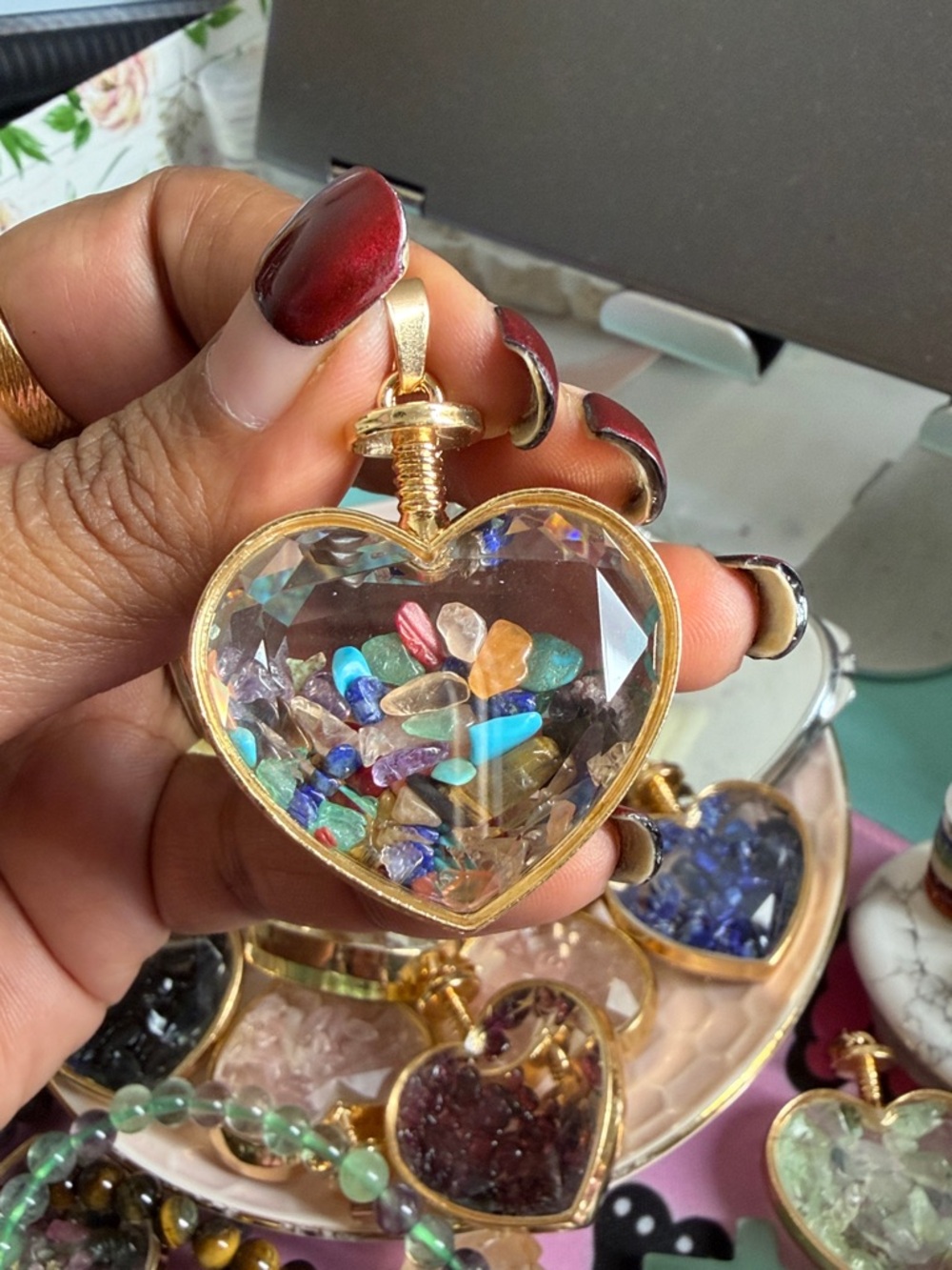 Multi gemGold Heart Pendant Necklace with Multi-Colored natural gem Chip Stones
